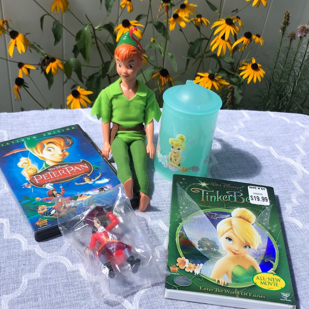 DISNEY Vintage Peter Pan doll Tinker Bell mug w/lid 2 DVDs & Captain Hook NEW